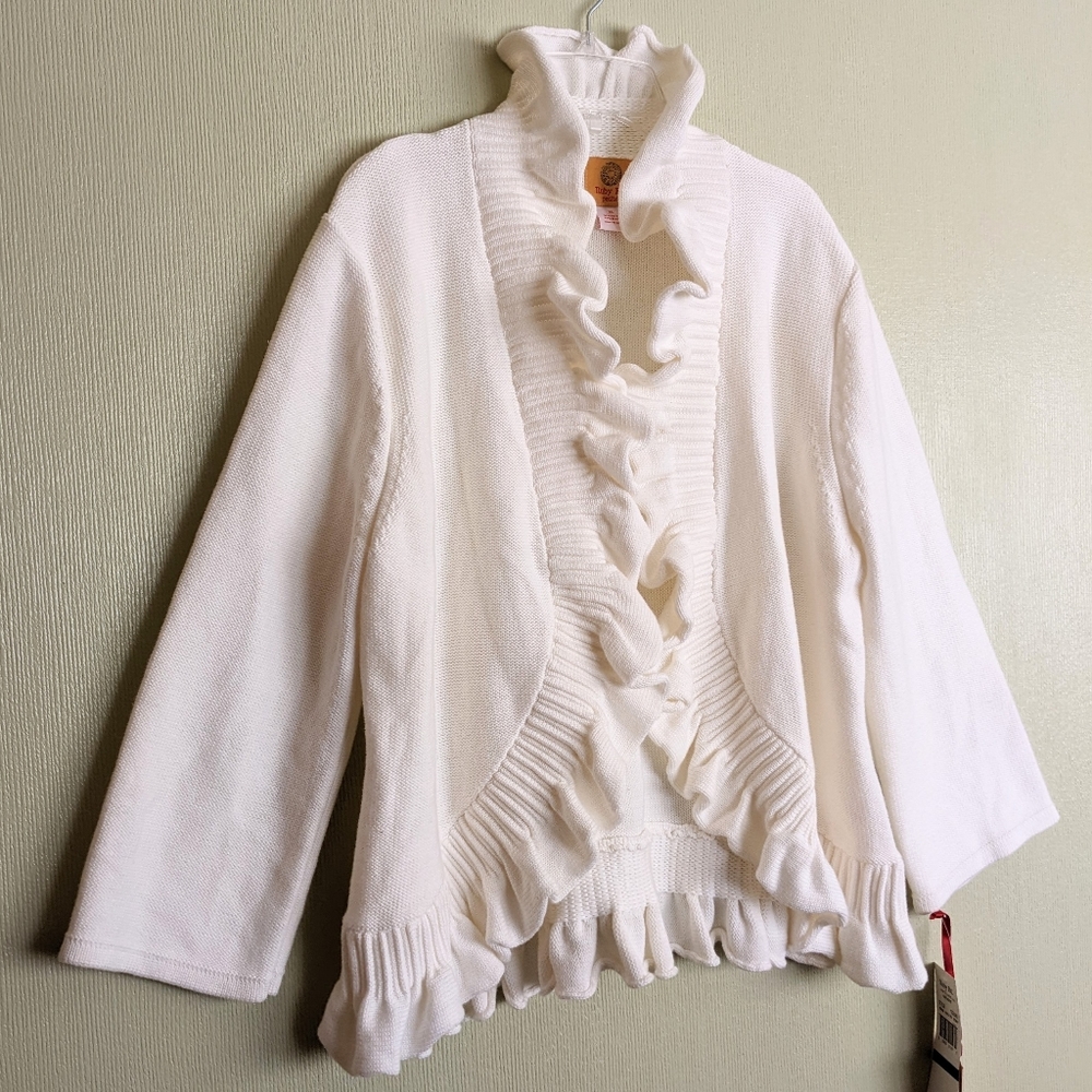 Ruby Rd Ruffled Cardigan Sweater Ivory Open Front Cotton Blend XLP - Picture 5 of 15